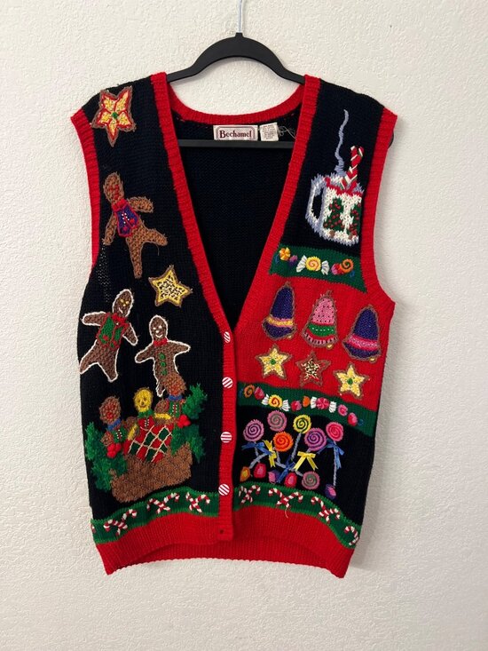 Bechamel Christmas Vest Handmade Knit Black & Red With Candy Cane Buttons & Fest - Picture 1 of 6